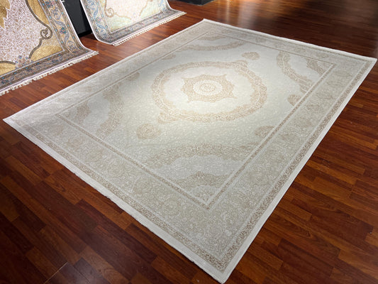 8x11 ft Beige Bamboo Rug, Luxury Large Area Rug, Elegant Medallion Living Room Rug, Soft Classic Decorative Carpet