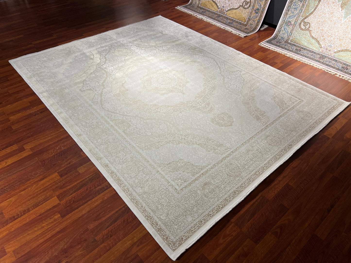 8x11 ft Beige Bamboo Rug, Luxury Large Area Rug, Elegant Medallion Living Room Rug, Soft Classic Decorative Carpet