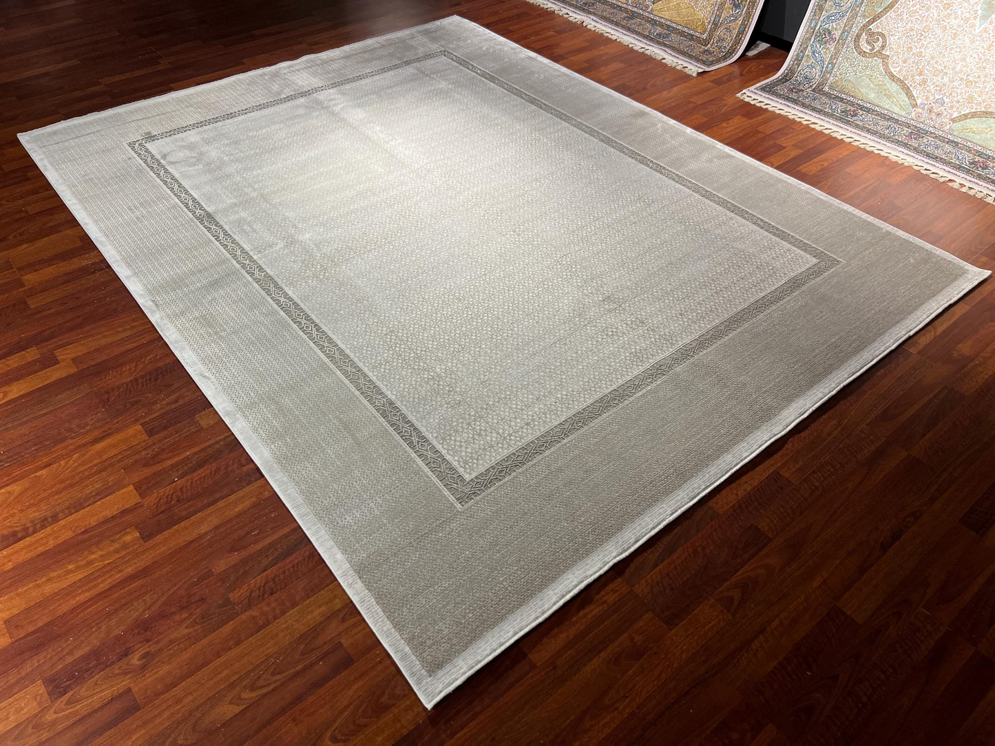 8x11 ft Modern Beige Bamboo Rug, Luxury Large Area Rug, Minimalist Living Room Rug, Soft Neutral Decorative Carpet