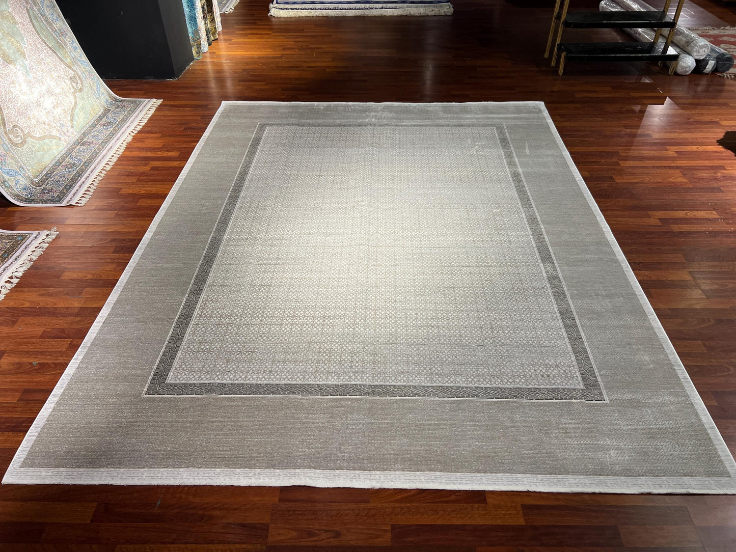 8x11 ft Modern Beige Bamboo Rug, Luxury Large Area Rug, Minimalist Living Room Rug, Soft Neutral Decorative Carpet