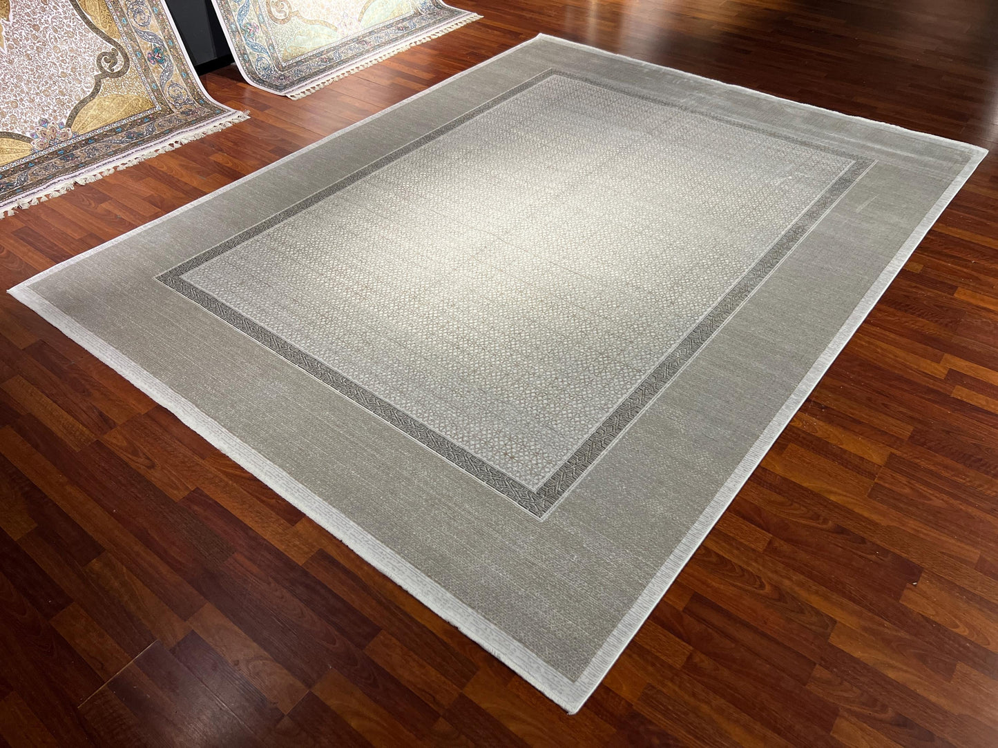 8x11 ft Modern Beige Bamboo Rug, Luxury Large Area Rug, Minimalist Living Room Rug, Soft Neutral Decorative Carpet