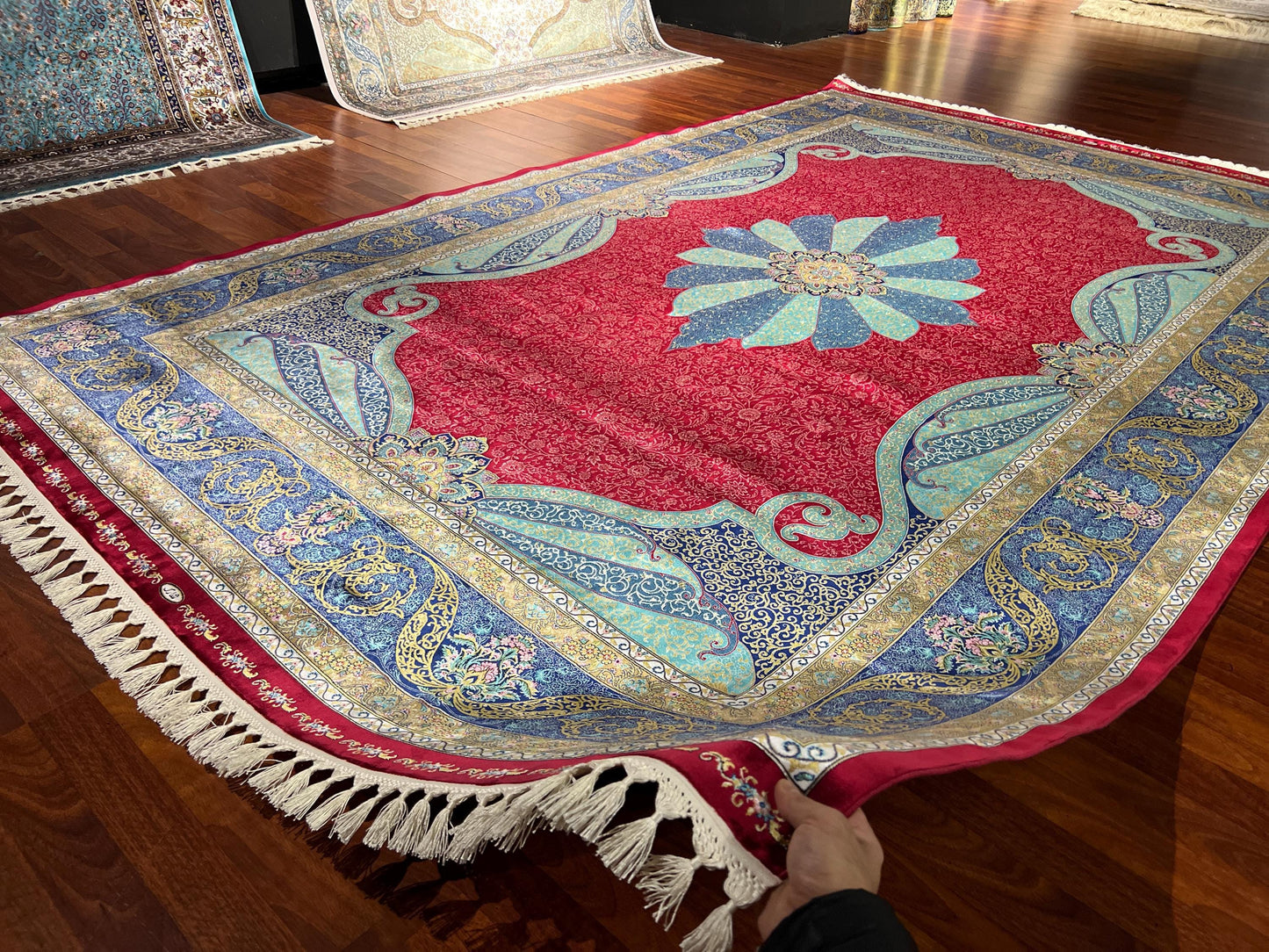 8x11 ft Red Blue Silk Rug, Luxury Large Area Rug, Traditional Medallion Living Room Rug, Elegant Decorative Carpet