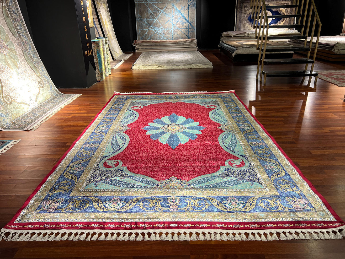 8x11 ft Red Blue Silk Rug, Luxury Large Area Rug, Traditional Medallion Living Room Rug, Elegant Decorative Carpet