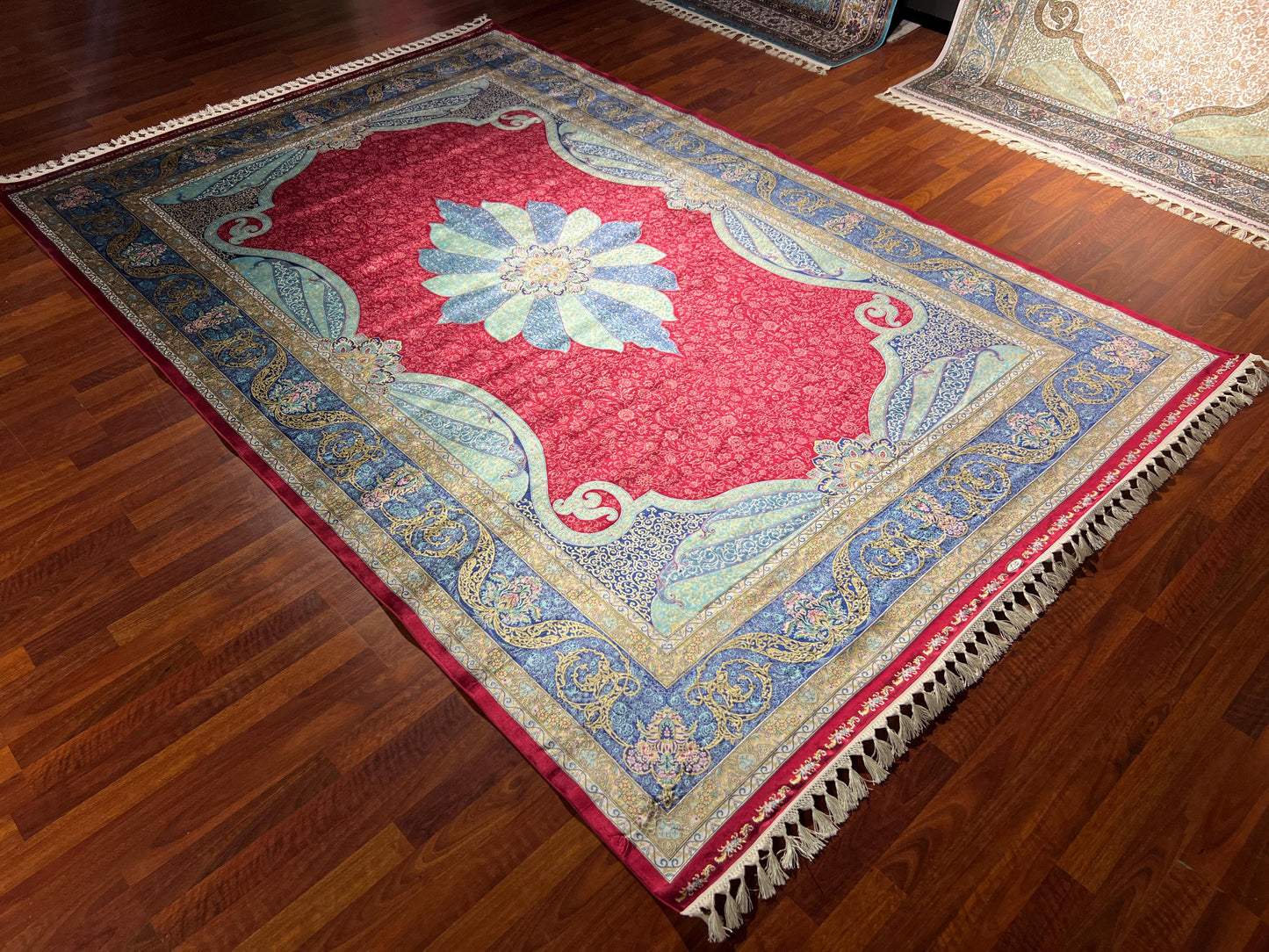8x11 ft Red Blue Silk Rug, Luxury Large Area Rug, Traditional Medallion Living Room Rug, Elegant Decorative Carpet