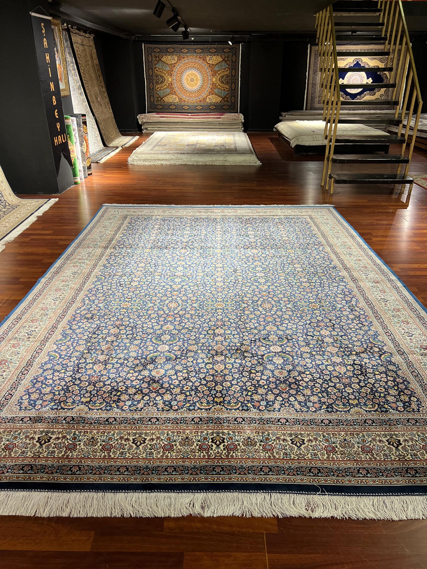 8x11 ft Blue Floral Silk Rug, Luxury Large Area Rug, Traditional  Living Room Rug, Elegant Decorative Carpet