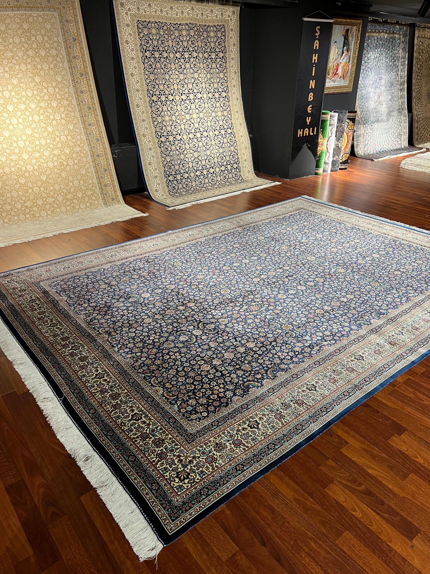 8x11 ft Blue Floral Silk Rug, Luxury Large Area Rug, Traditional  Living Room Rug, Elegant Decorative Carpet