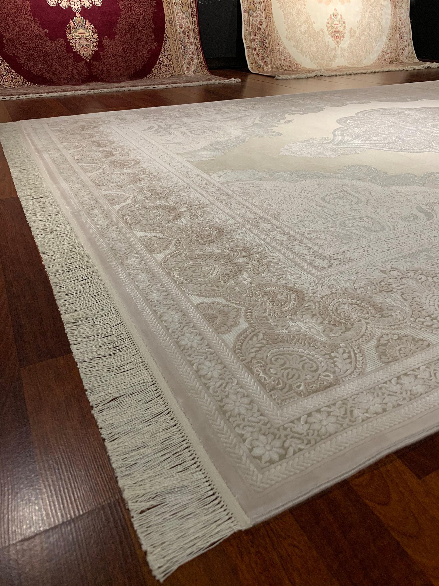 8x11 ft Beige Bamboo Rug, Luxury Large Area Rug, Elegant Medallion Living Room Rug, Soft Neutral Decorative Carpet
