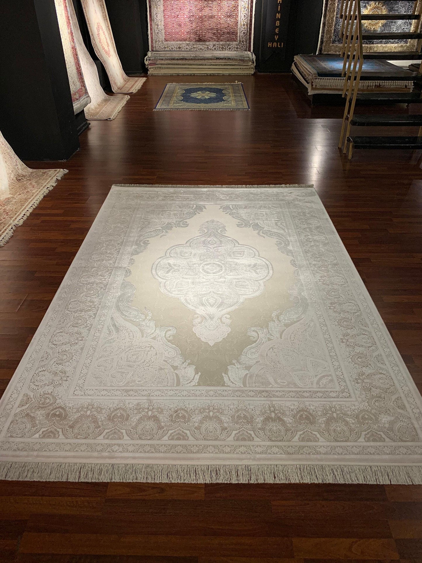 8x11 ft Beige Bamboo Rug, Luxury Large Area Rug, Elegant Medallion Living Room Rug, Soft Neutral Decorative Carpet