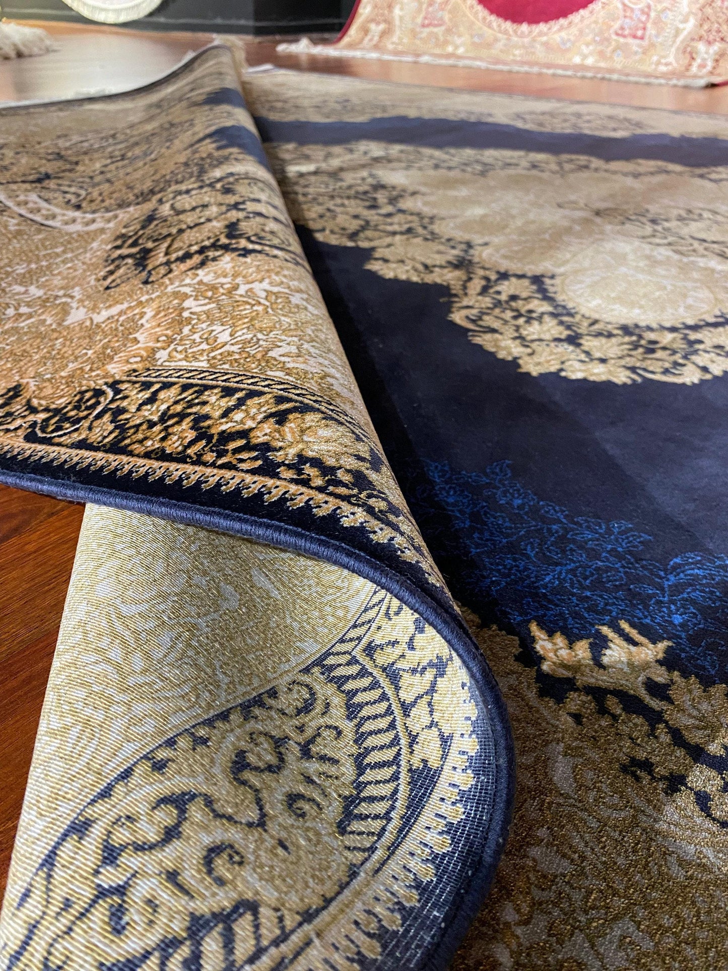 7x10 ft Blue Gold Silk Rug, Luxury Large Area Rug, Classic Medallion Living Room Rug, Elegant Decorative Carpet