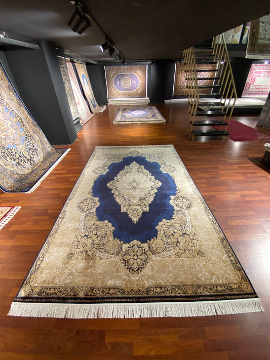7x10 ft Blue Gold Silk Rug, Luxury Large Area Rug, Classic Medallion Living Room Rug, Elegant Decorative Carpet