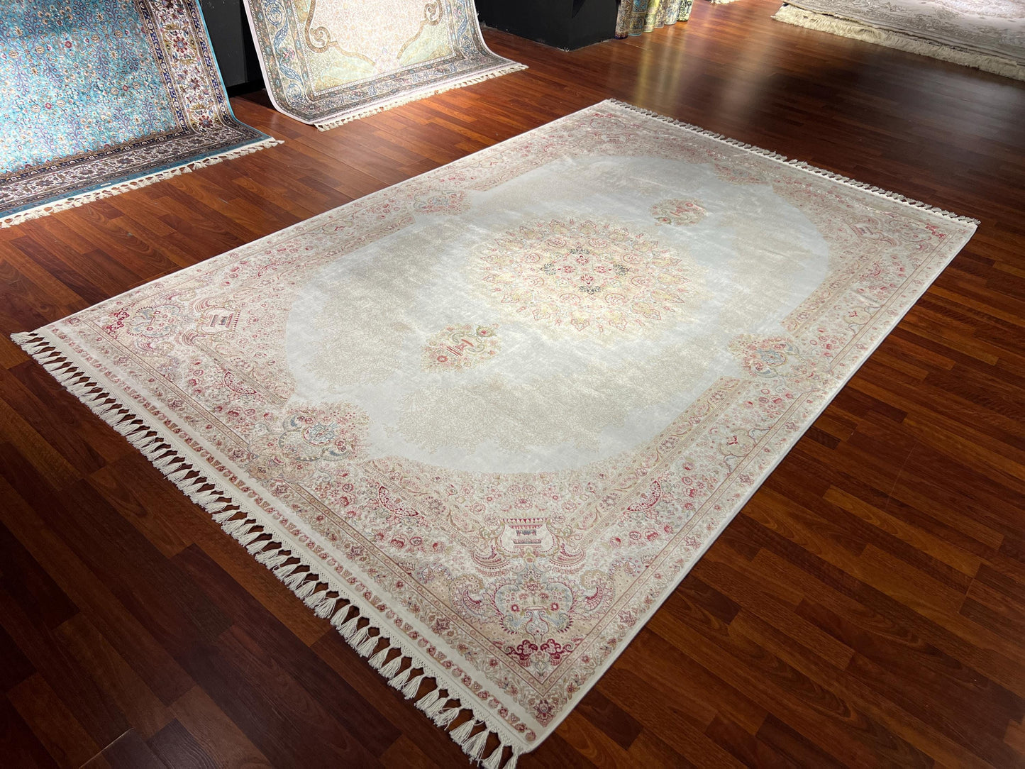 7x10 ft Beige Silk Rug, Luxury Large Area Rug, Elegant Medallion Living Room Rug, Soft Classic Decorative Carpet