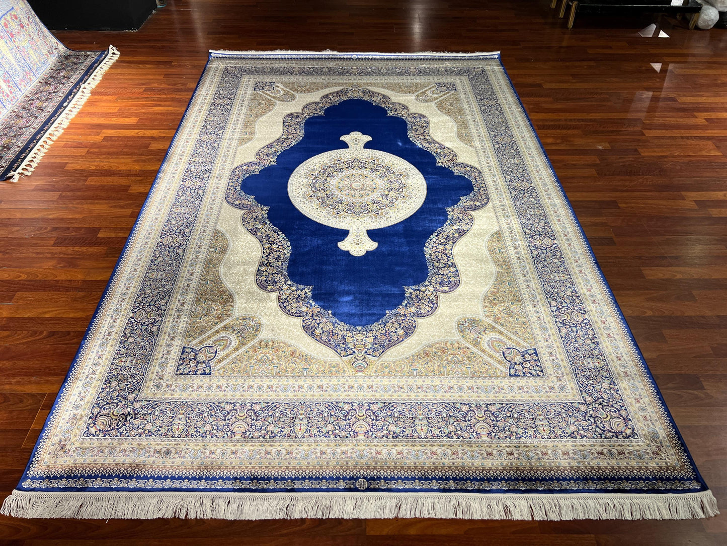 7x10 ft Beige Blue Silk Rug, Luxury Large Area Rug, Elegant Medallion Living Room Rug, Classic Decorative Palace Carpet