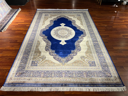 7x10 ft Beige Blue Silk Rug, Luxury Large Area Rug, Elegant Medallion Living Room Rug, Classic Decorative Palace Carpet