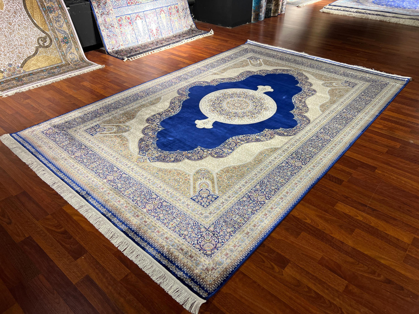 7x10 ft Beige Blue Silk Rug, Luxury Large Area Rug, Elegant Medallion Living Room Rug, Classic Decorative Palace Carpet