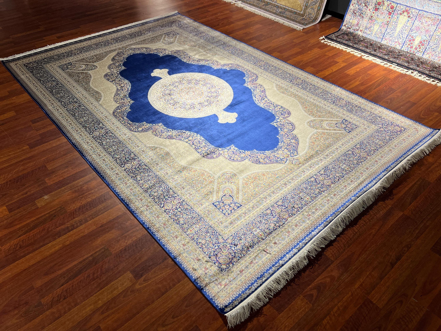7x10 ft Beige Blue Silk Rug, Luxury Large Area Rug, Elegant Medallion Living Room Rug, Classic Decorative Palace Carpet