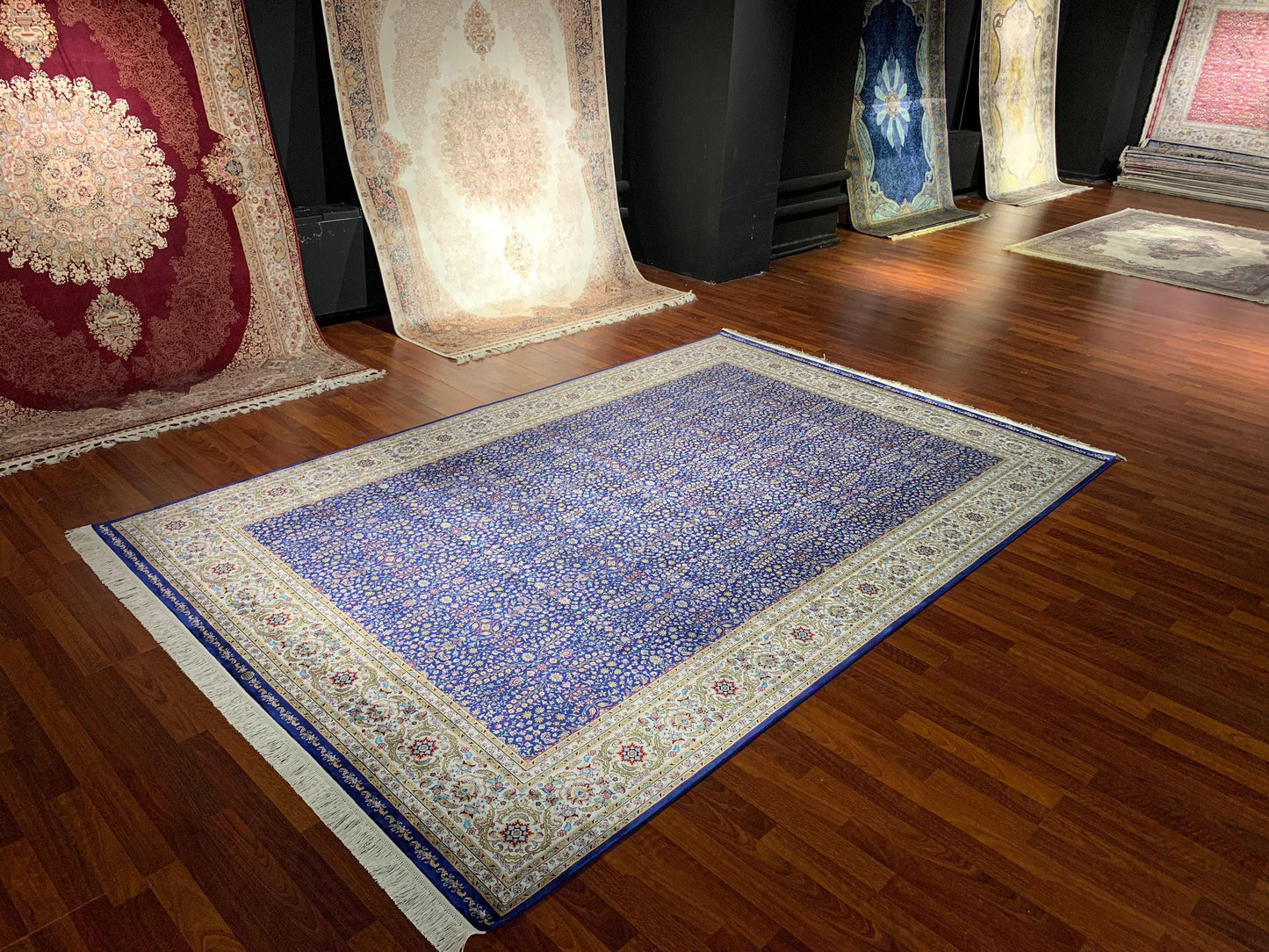 7x10 ft Blue Floral Silk Rug, Dense Pattern Luxury Area Rug, Elegant Navy Living Room Carpet