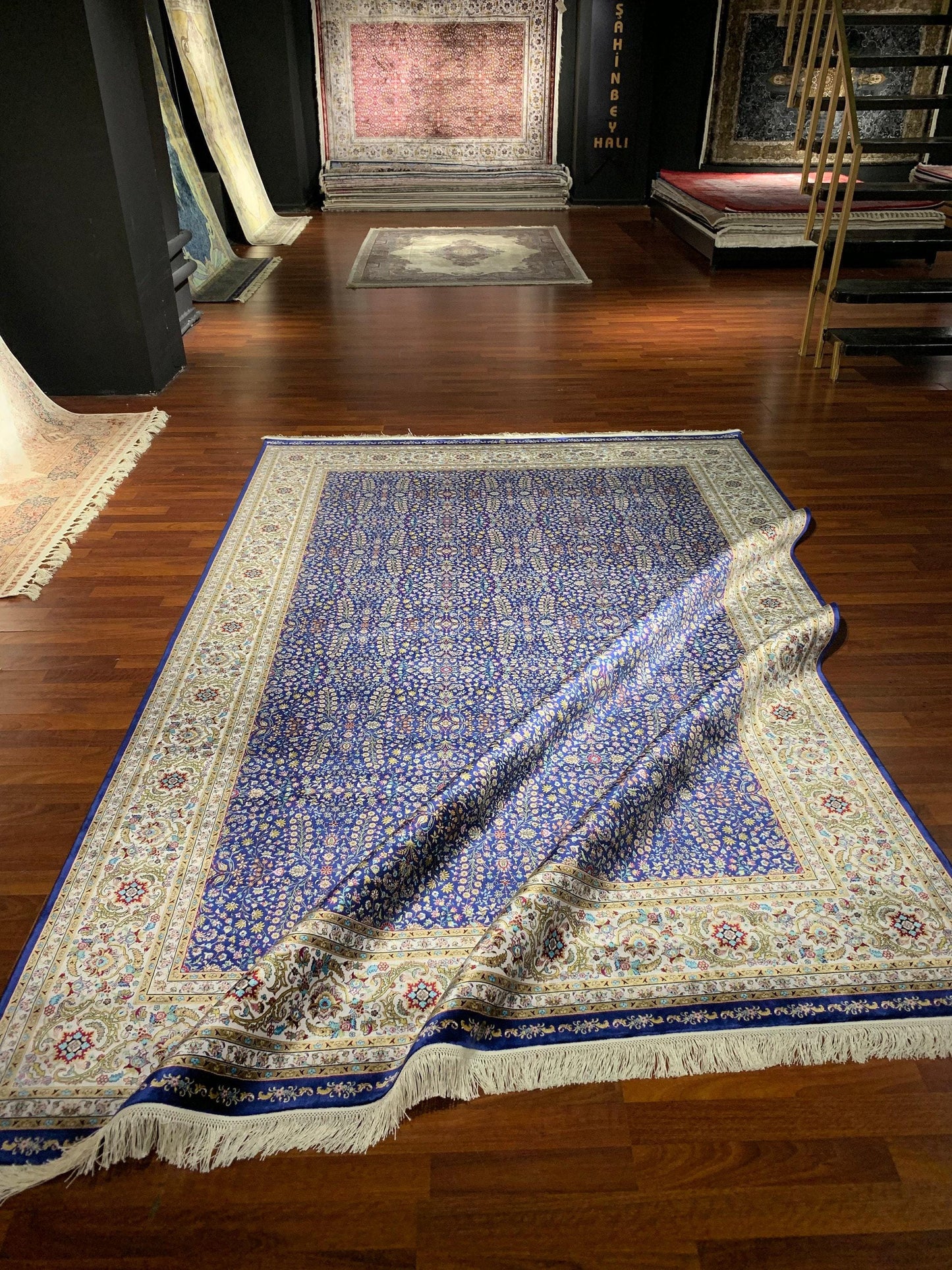 7x10 ft Blue Floral Silk Rug, Dense Pattern Luxury Area Rug, Elegant Navy Living Room Carpet