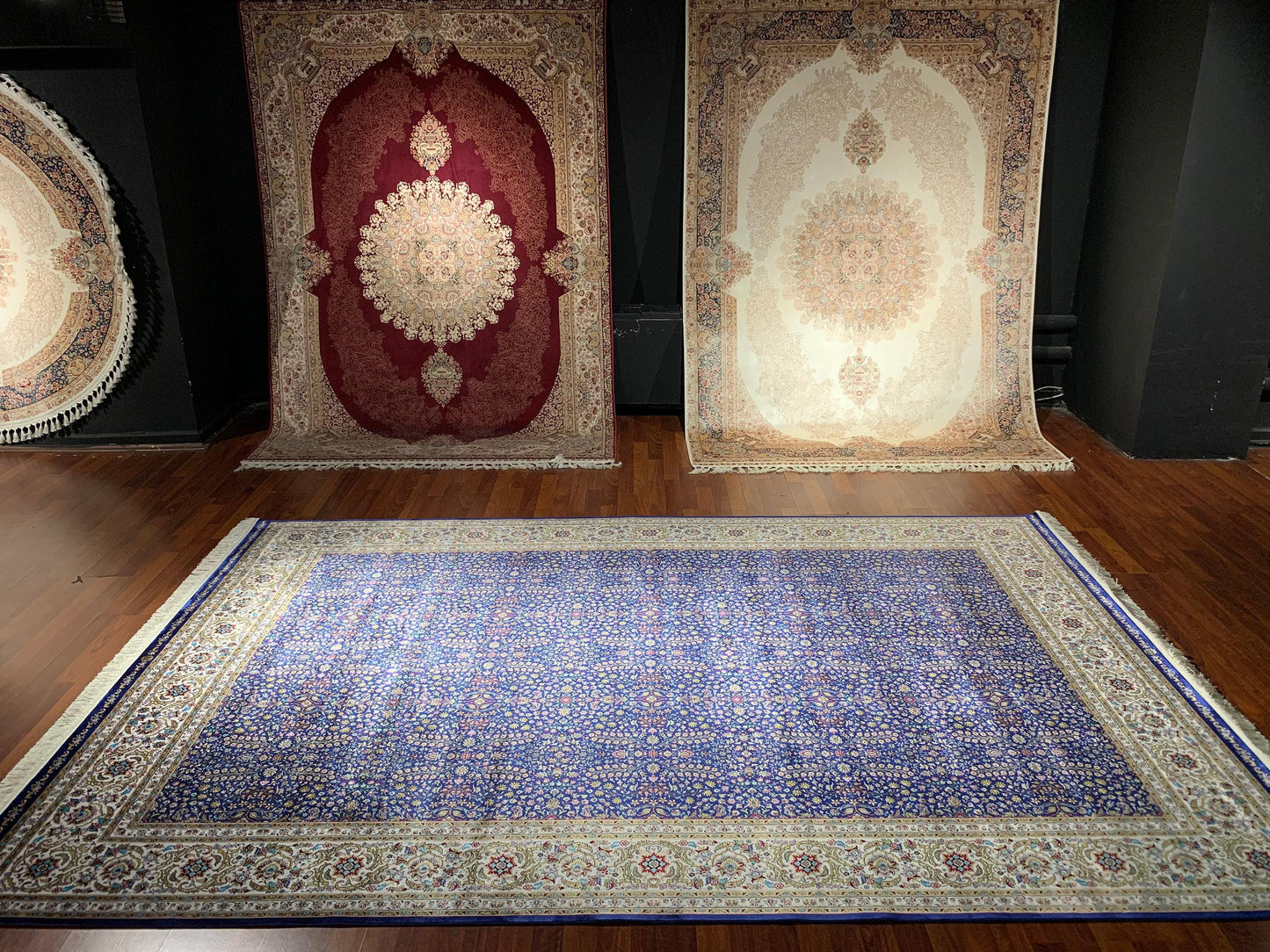 7x10 ft Blue Floral Silk Rug, Dense Pattern Luxury Area Rug, Elegant Navy Living Room Carpet