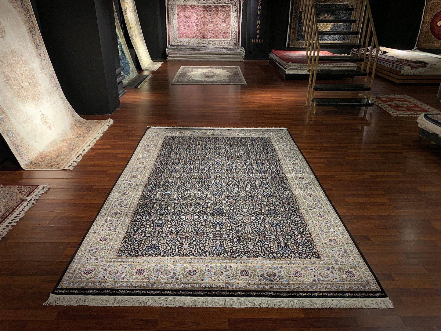 7x10 ft Black Floral Silk Rug, Dense Pattern Luxury Area Rug, Elegant Dark Living Room Carpet