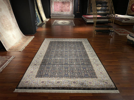 7x10 ft Black Floral Silk Rug, Dense Pattern Luxury Area Rug, Elegant Dark Living Room Carpet