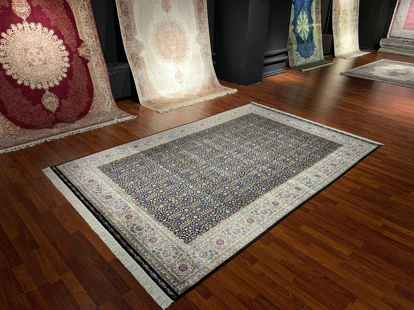 7x10 ft Black Floral Silk Rug, Dense Pattern Luxury Area Rug, Elegant Dark Living Room Carpet