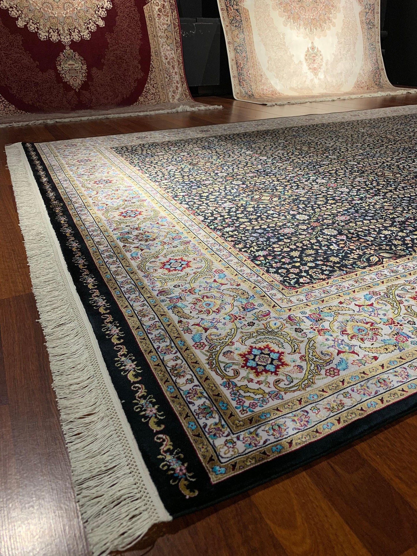 7x10 ft Black Floral Silk Rug, Dense Pattern Luxury Area Rug, Elegant Dark Living Room Carpet
