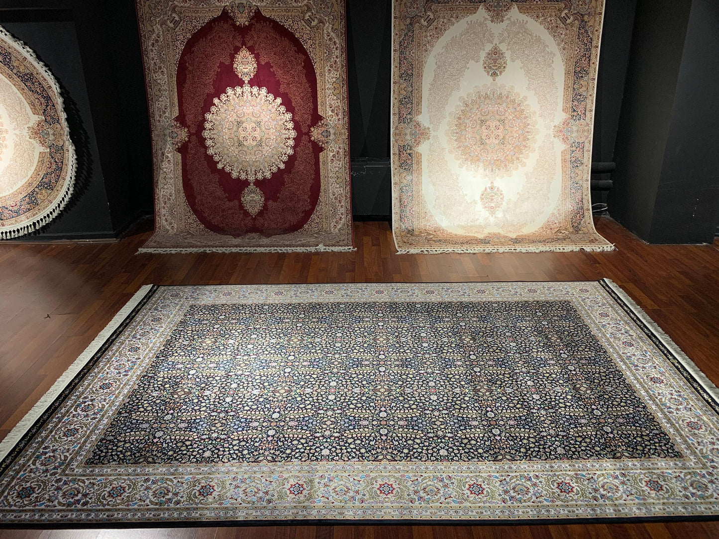 7x10 ft Black Floral Silk Rug, Dense Pattern Luxury Area Rug, Elegant Dark Living Room Carpet