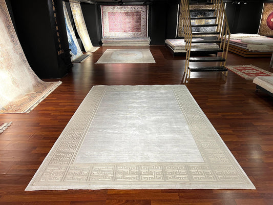 7x10 ft Modern Beige Bamboo Rug, Minimalist Luxury Area Rug, Neutral Contemporary Living Room Carpet