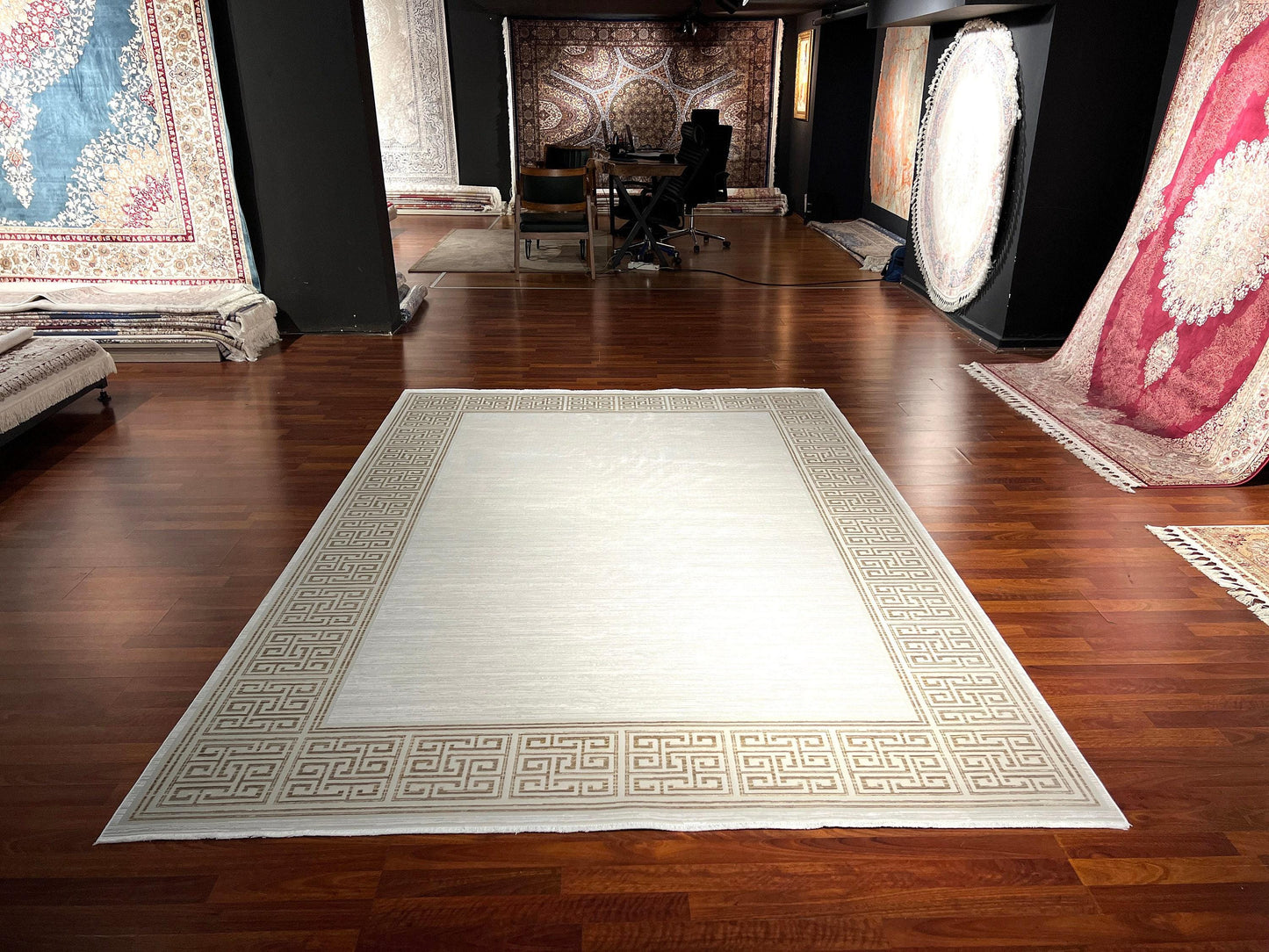 7x10 ft Modern Beige Bamboo Rug, Minimalist Luxury Area Rug, Neutral Contemporary Living Room Carpet