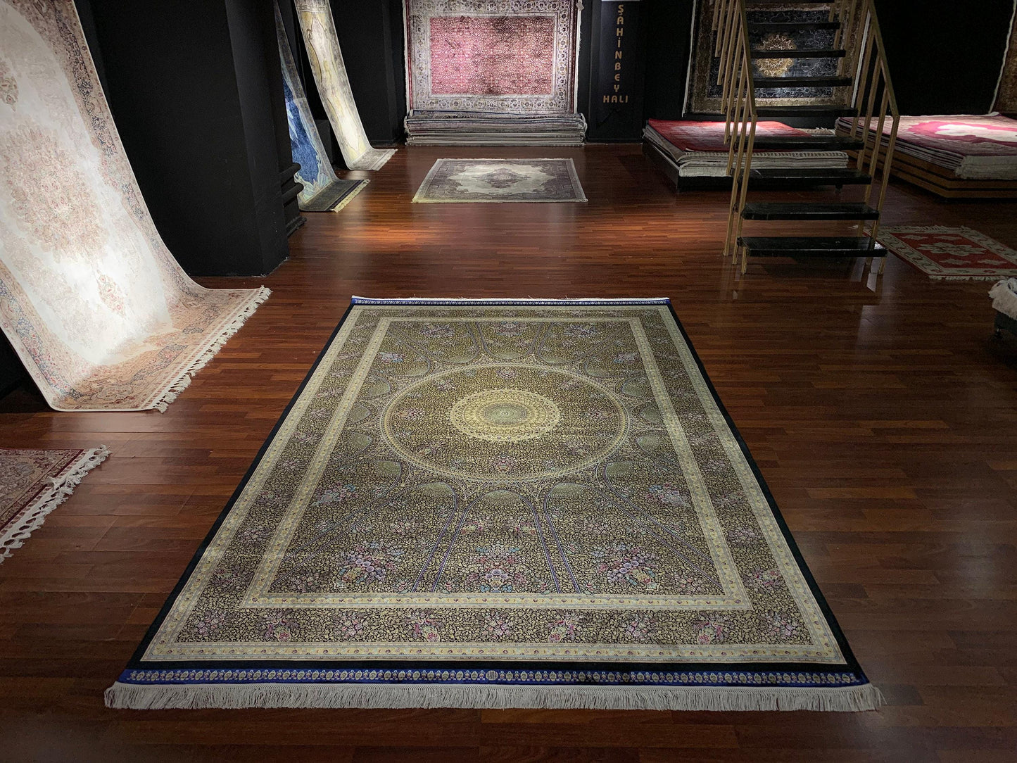 7x10 ft Gold Blue Silk Rug, Royal Medallion Luxury Area Rug, Elegant Classic Living Room Carpet