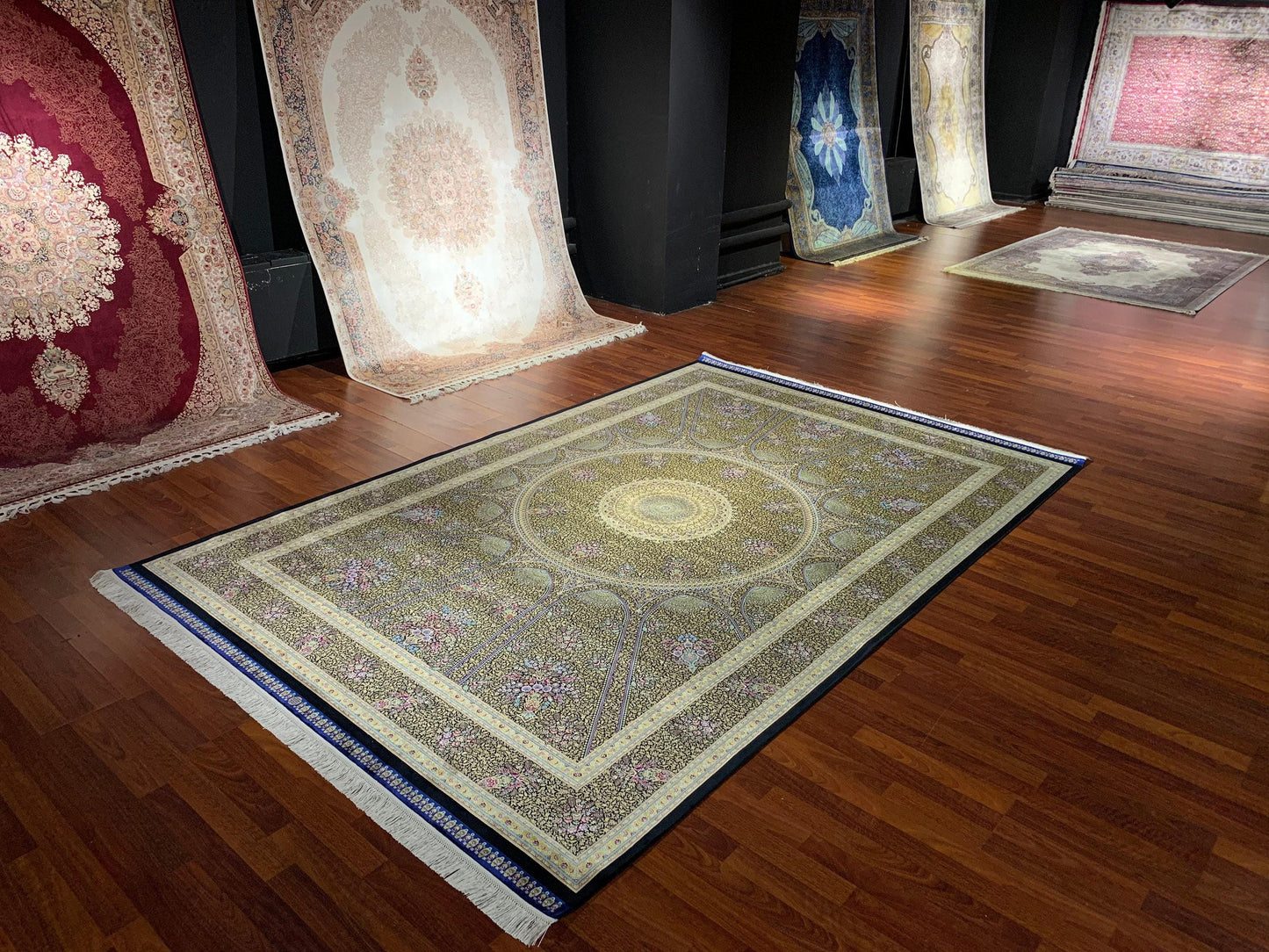 7x10 ft Gold Blue Silk Rug, Royal Medallion Luxury Area Rug, Elegant Classic Living Room Carpet