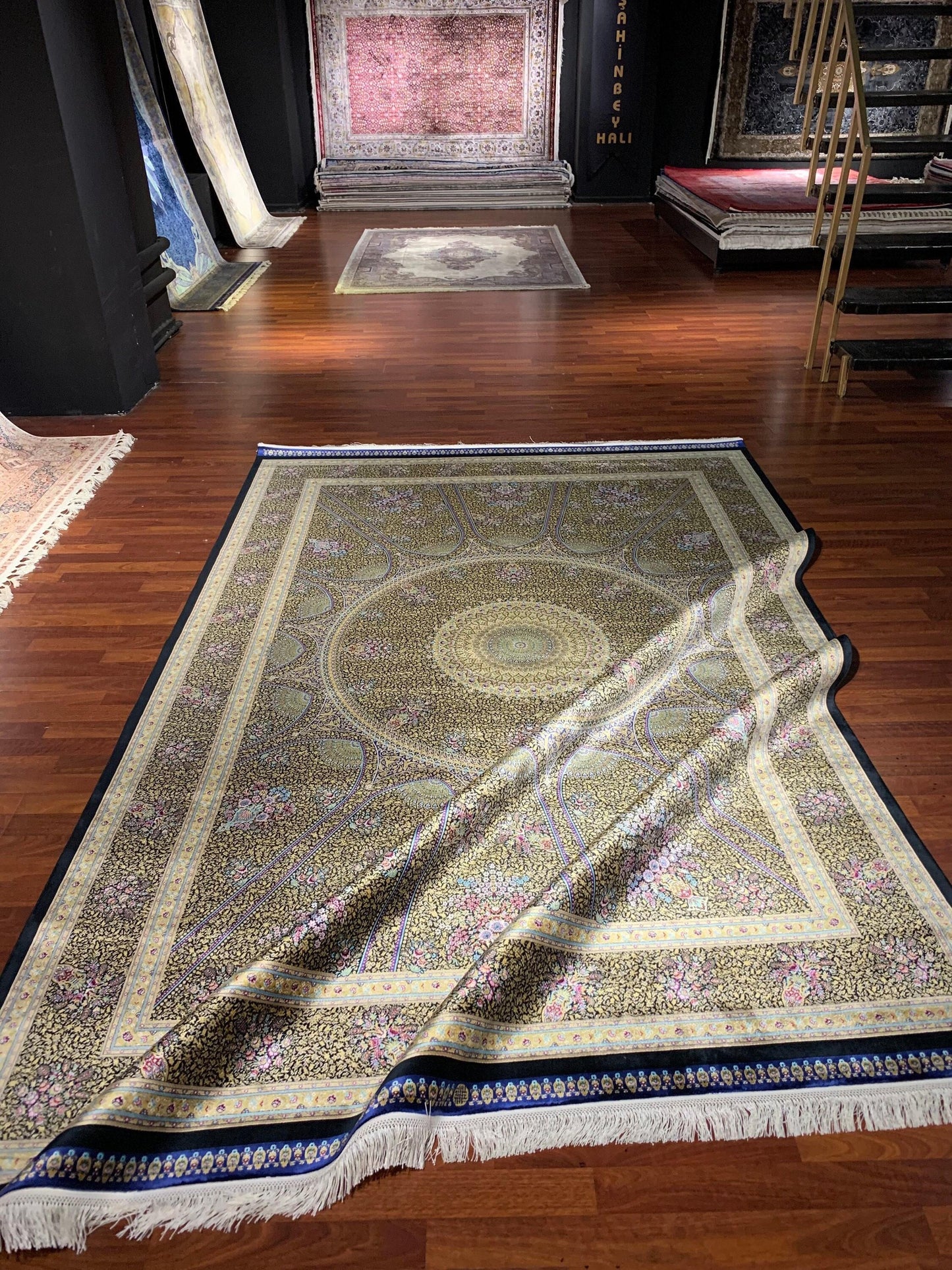 7x10 ft Gold Blue Silk Rug, Royal Medallion Luxury Area Rug, Elegant Classic Living Room Carpet