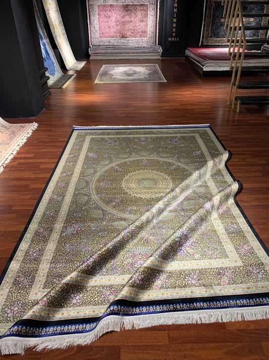 7x10 ft Gold Blue Silk Rug, Royal Medallion Luxury Area Rug, Elegant Classic Living Room Carpet