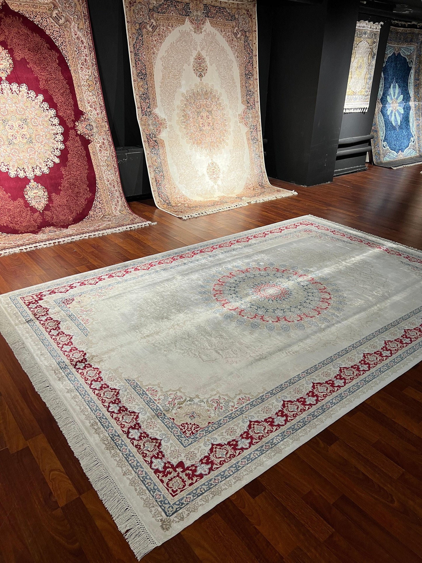 7x10 ft Cream Red Silk Rug, Elegant Medallion Luxury Area Rug, Soft Classic Living Room Carpet