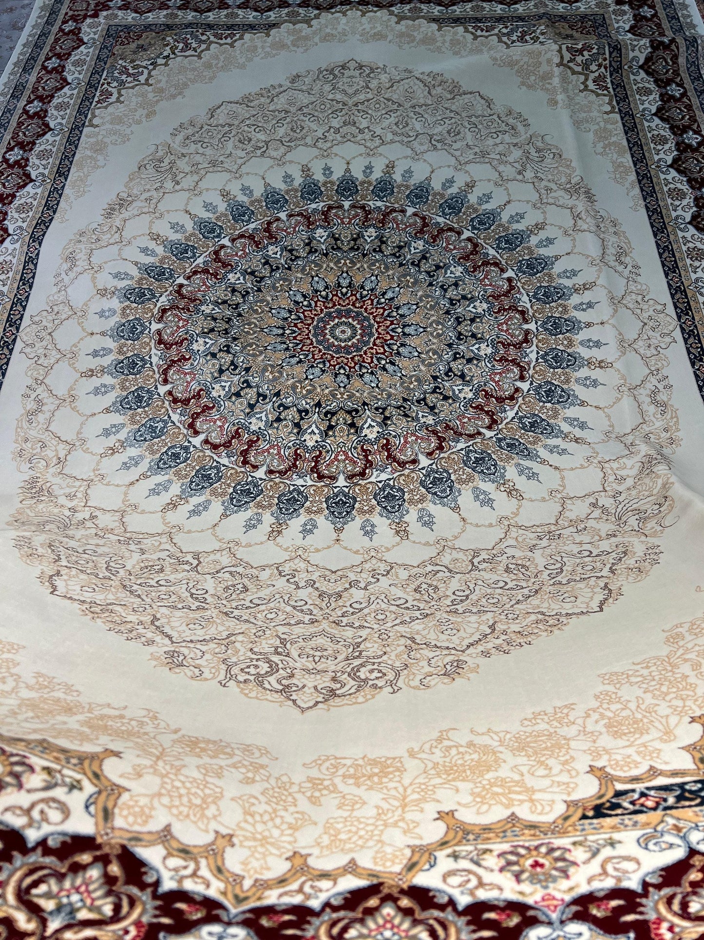7x10 ft Cream Red Silk Rug, Elegant Medallion Luxury Area Rug, Soft Classic Living Room Carpet