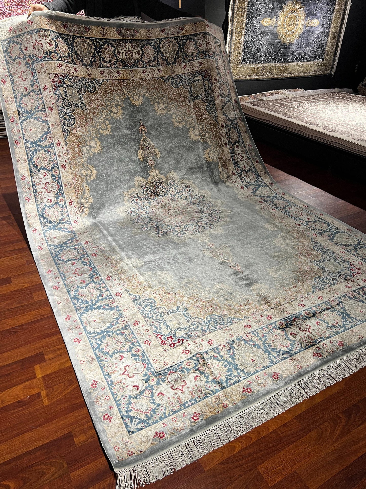 7x10 ft Cream Blue Silk Rug, Elegant Medallion Luxury Area Rug, Classic Living Room Carpet