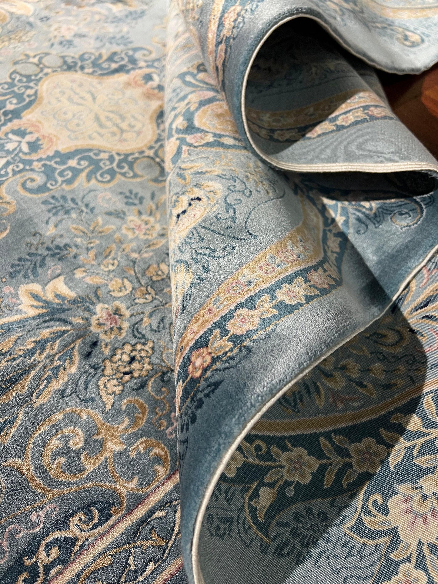7x10 ft Blue Silk Rug, Ornate Floral Luxury Area Rug, Elegant Classic Living Room Carpet