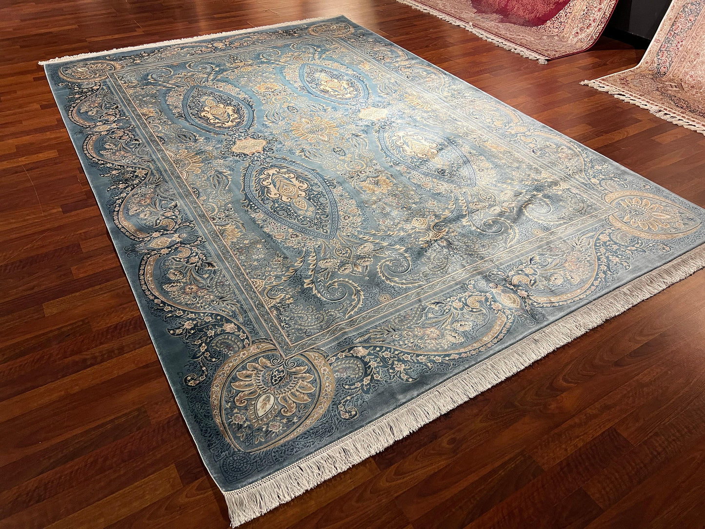 7x10 ft Blue Silk Rug, Ornate Floral Luxury Area Rug, Elegant Classic Living Room Carpet