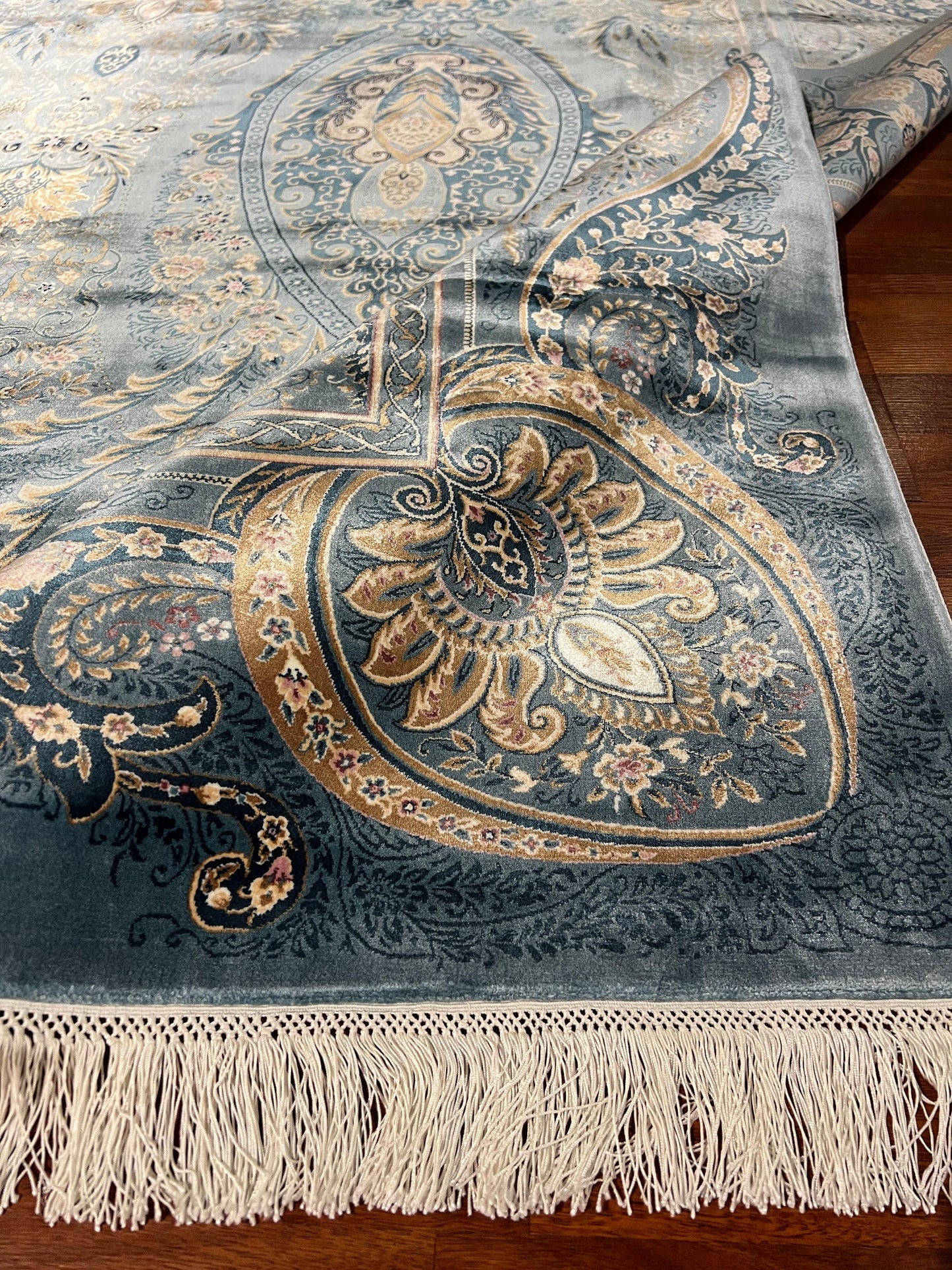 7x10 ft Blue Silk Rug, Ornate Floral Luxury Area Rug, Elegant Classic Living Room Carpet
