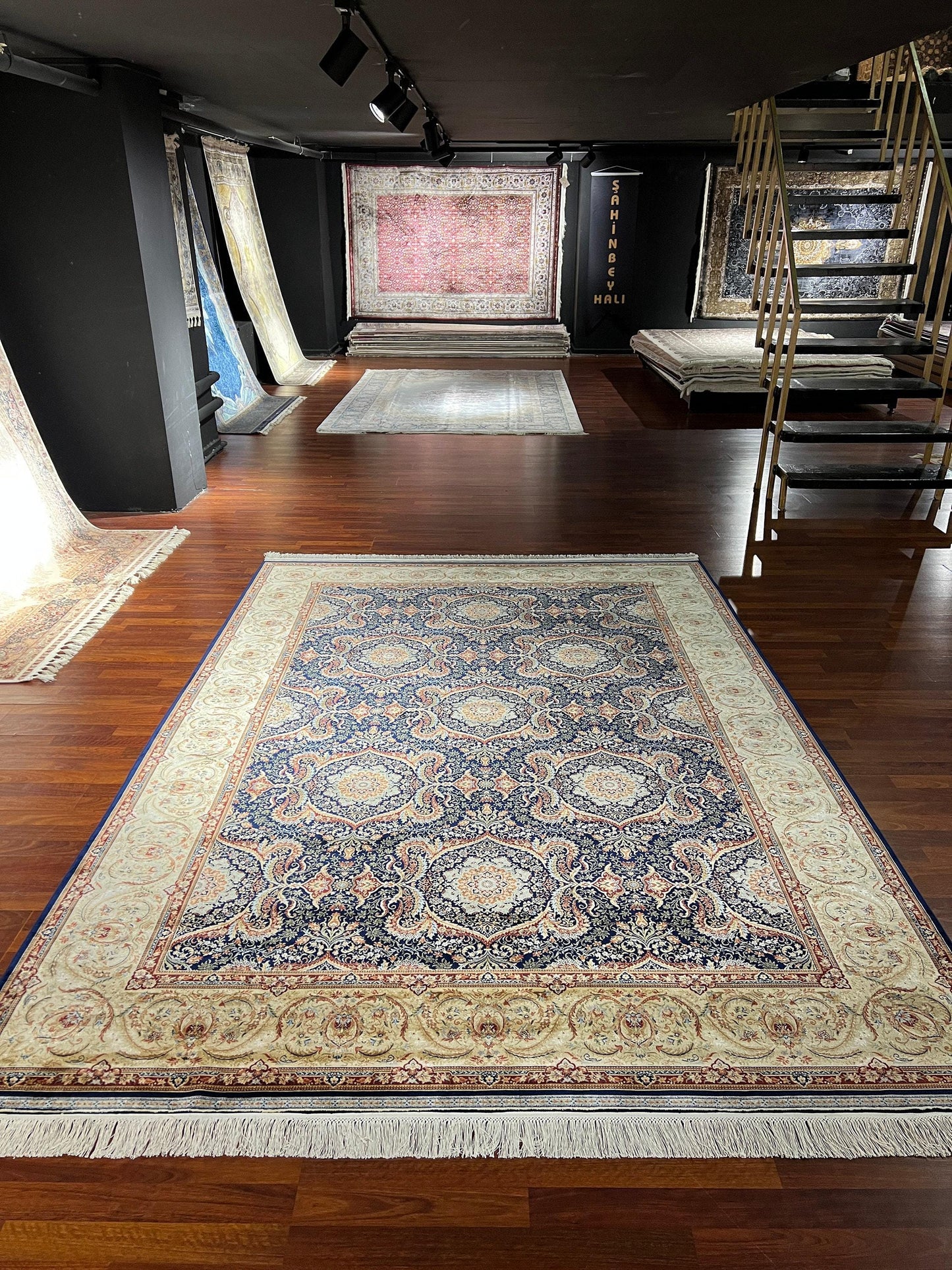 7x10 ft Navy Gold Silk Rug, Ornate Medallion Luxury Area Rug, Classic Elegant Living Room Carpet