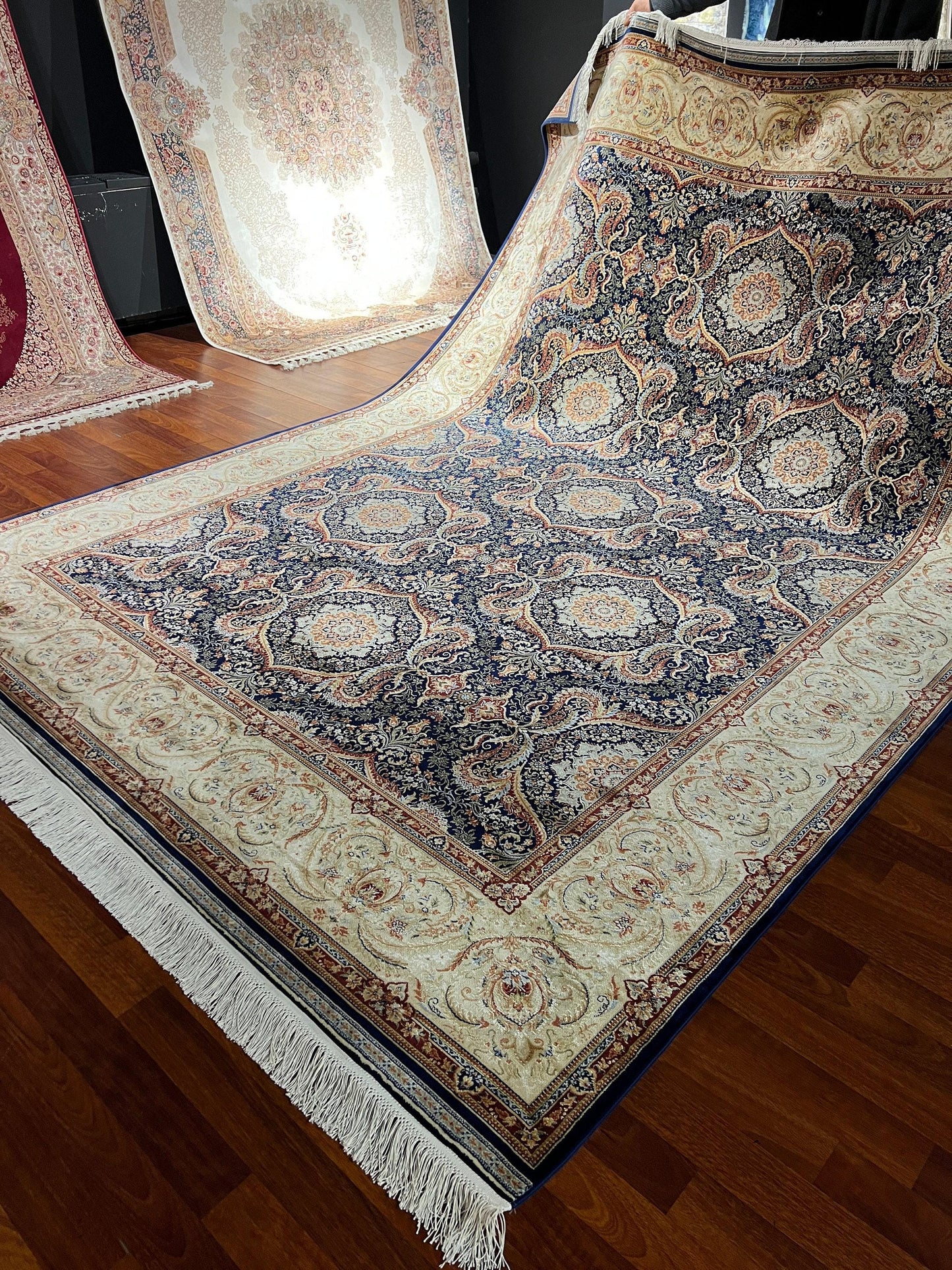7x10 ft Navy Gold Silk Rug, Ornate Medallion Luxury Area Rug, Classic Elegant Living Room Carpet
