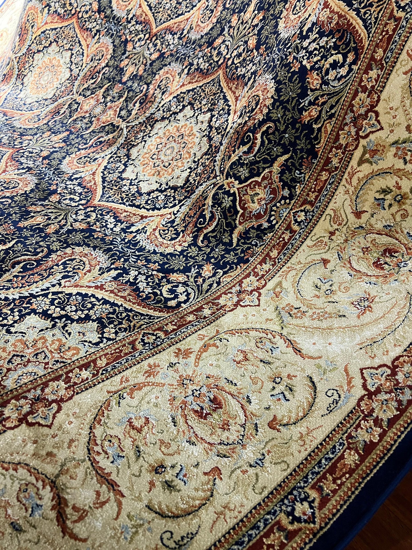 7x10 ft Navy Gold Silk Rug, Ornate Medallion Luxury Area Rug, Classic Elegant Living Room Carpet