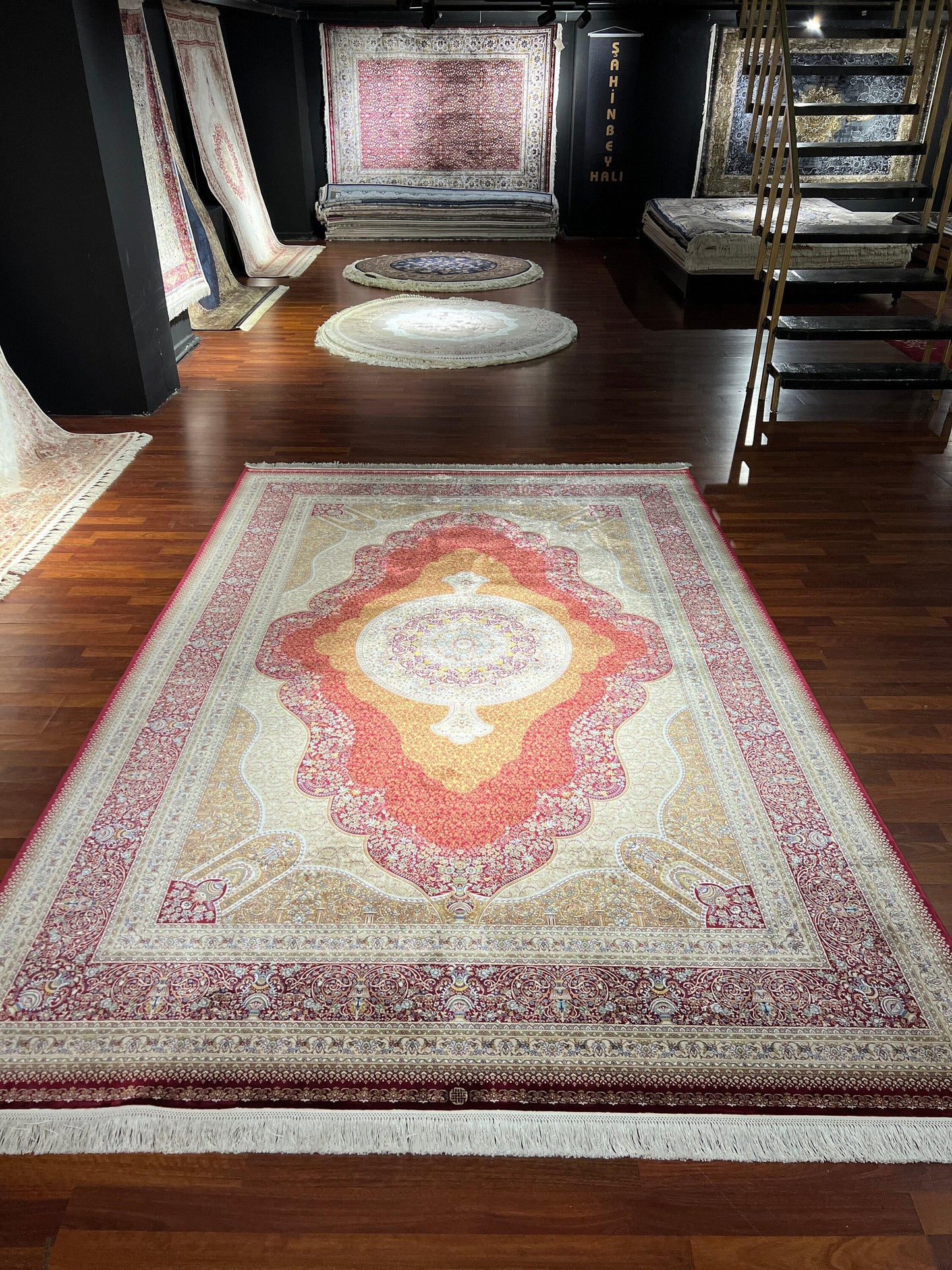 7x10 ft Red Gold Silk Rug, Royal Medallion Luxury Area Rug, Elegant Classic Living Room Carpet