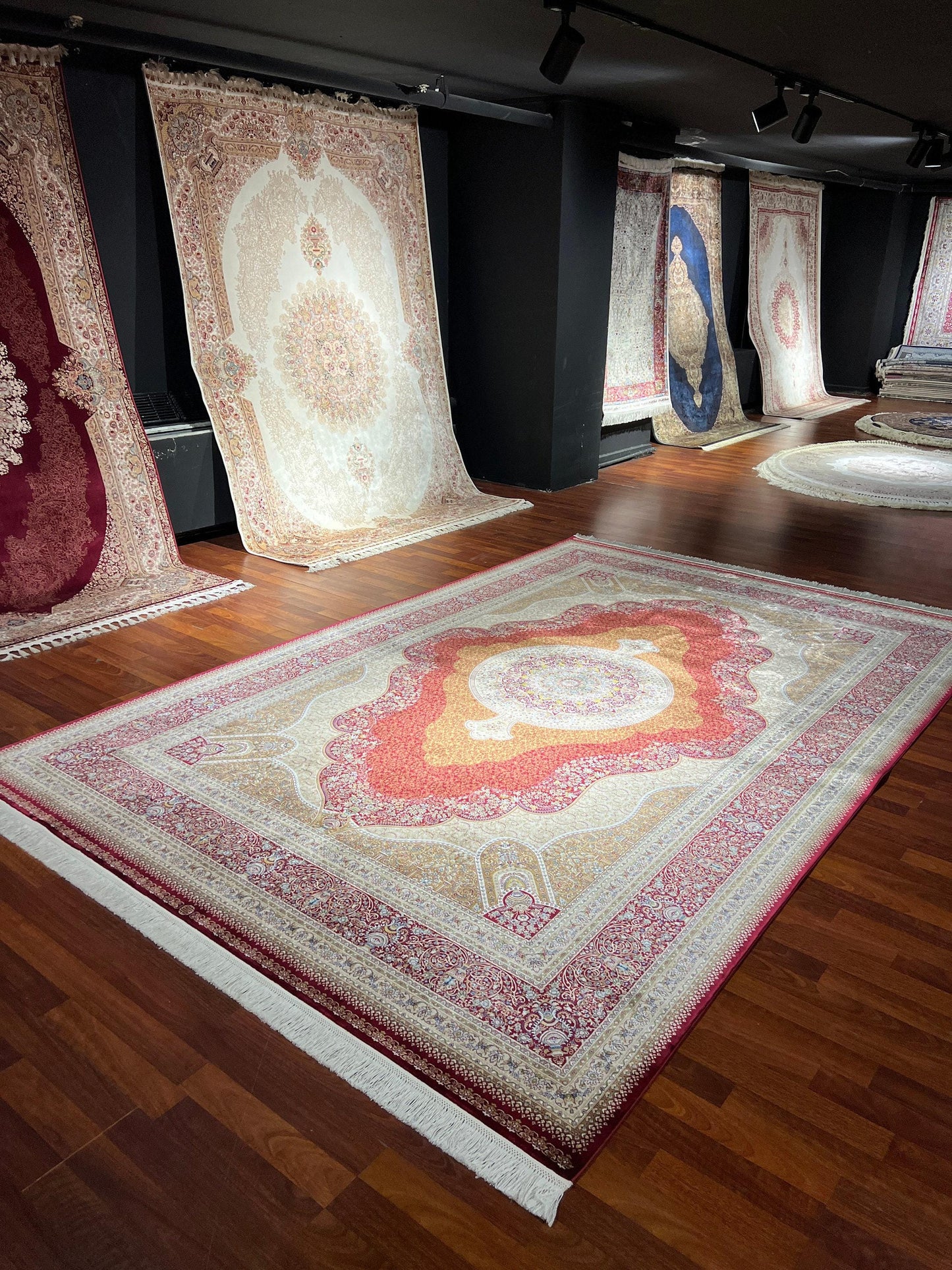 7x10 ft Red Gold Silk Rug, Royal Medallion Luxury Area Rug, Elegant Classic Living Room Carpet