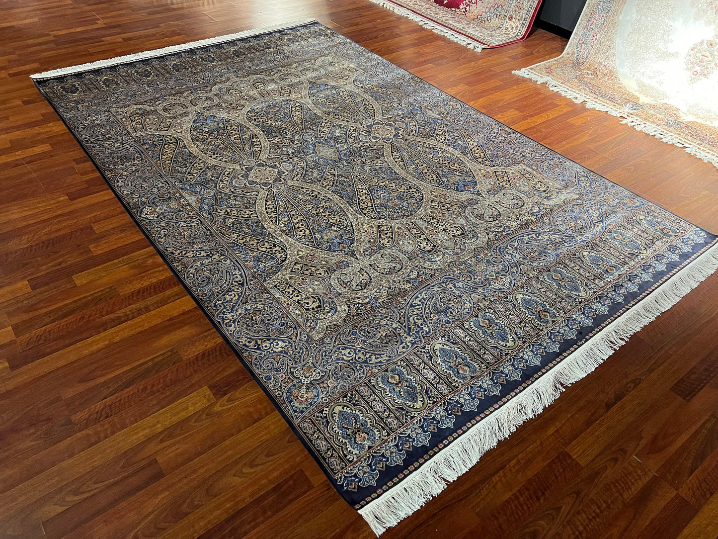 7x10 ft Navy Blue Silk Rug, Ornate Classic Luxury Area Rug, Elegant Living Room Carpet