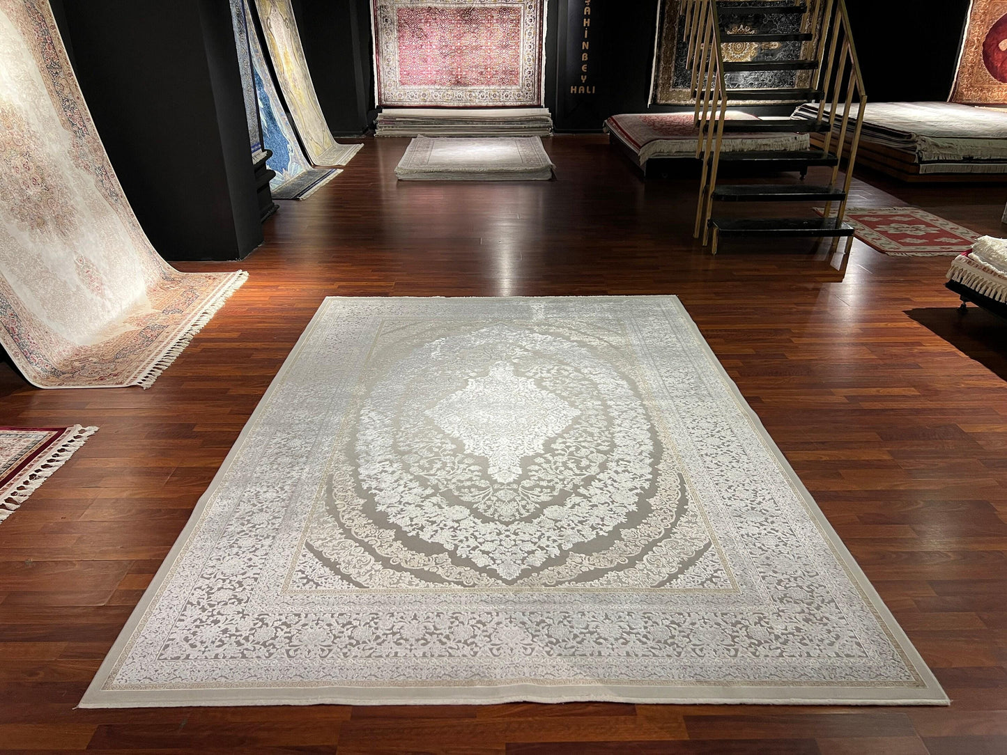 7x10 ft Beige Bamboo Rug, Minimal Classic Luxury Area Rug, Elegant Neutral Living Room Carpet