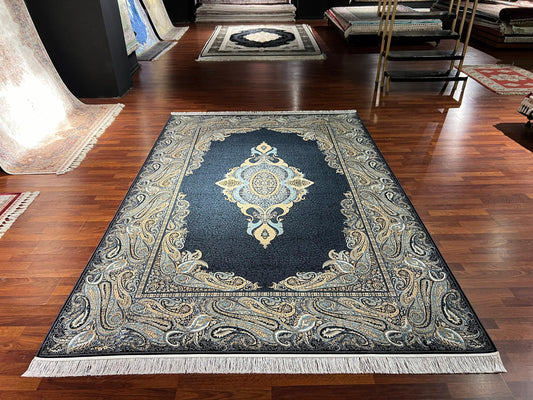 7x10 ft Navy Blue Bamboo Silk Rug, Palace Style Luxury Area Rug, Ornate Oriental Living Room Carpet