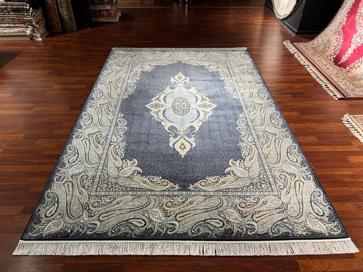 7x10 ft Navy Blue Bamboo Silk Rug, Palace Style Luxury Area Rug, Ornate Oriental Living Room Carpet