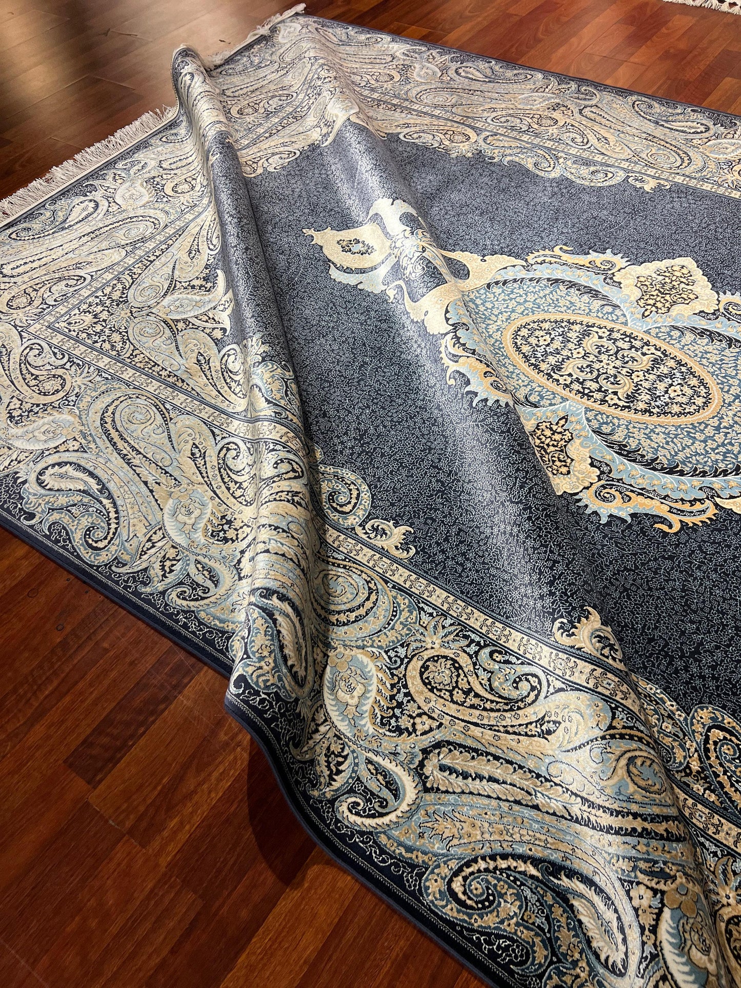 7x10 ft Navy Blue Bamboo Silk Rug, Palace Style Luxury Area Rug, Ornate Oriental Living Room Carpet