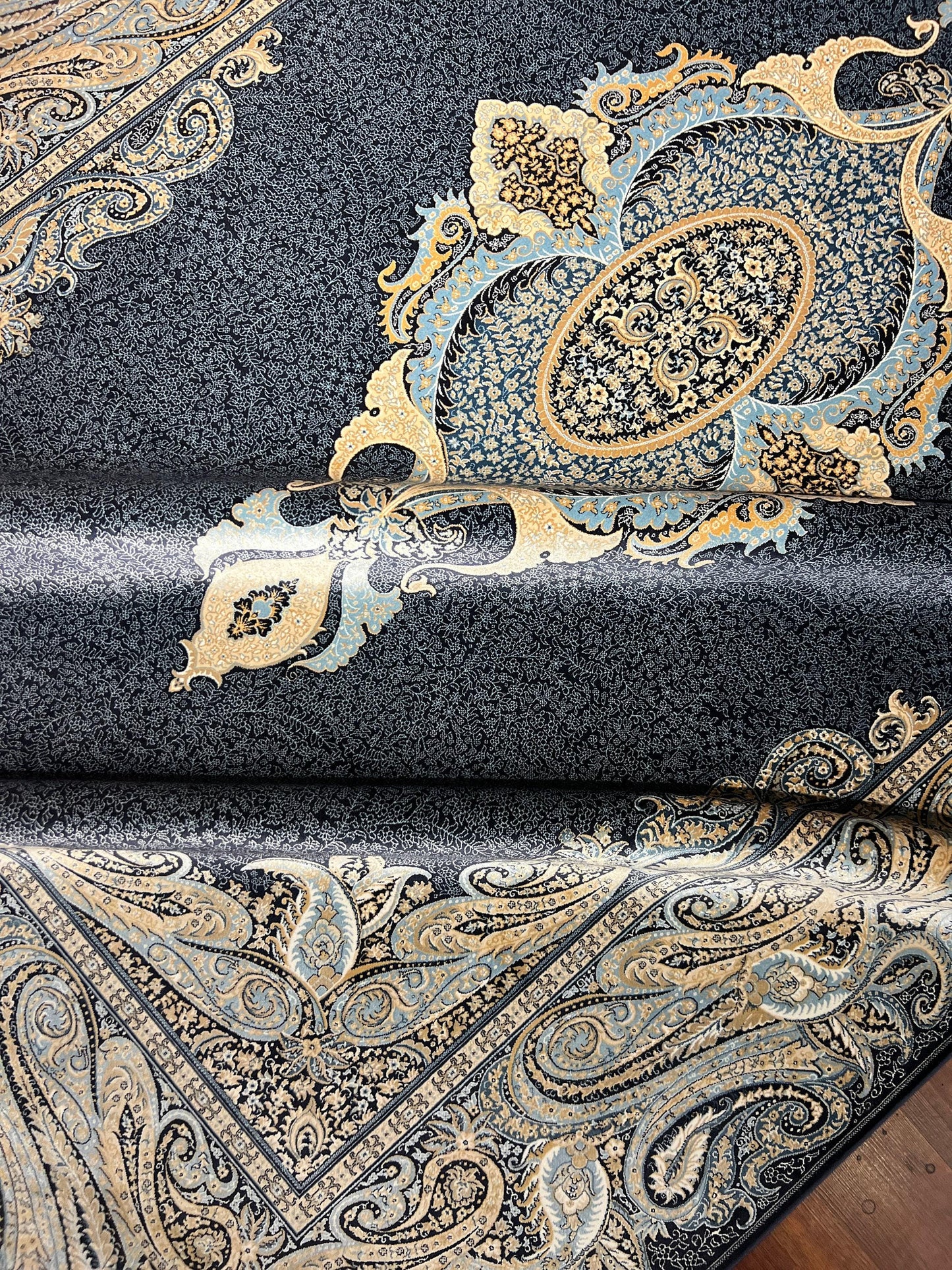 7x10 ft Navy Blue Bamboo Silk Rug, Palace Style Luxury Area Rug, Ornate Oriental Living Room Carpet